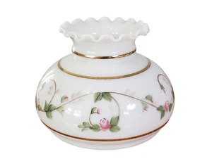 Vintage Hurricane Lamp Shade White w Gold Trim Pink Roses Fits 7" Holder Fitter - Picture 1 of 7