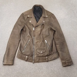 All Saints Mens Jacket Small Brown Milo Leather Bomber Biker Coat Cafe Moto Coat - Picture 1 of 12