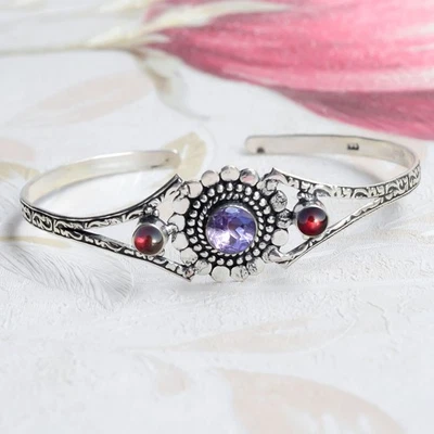 Bracciale con pietre preziose in argento sterling 925 con ametista e... - Immagine 1 di 4