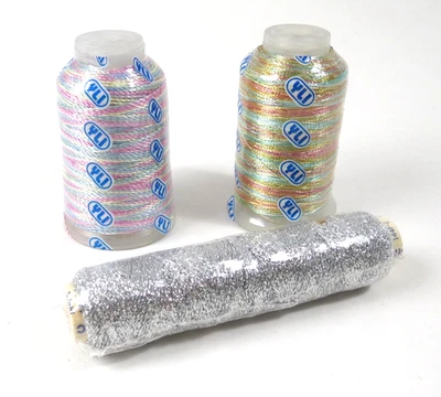 YLI Embroidery & Metallic Ribbon 2 Variegated Threads plus Silver Ribbon - Image 1 of 3