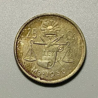 Moneda de plata de 25 centavos de México 1950 en buen tono Foto 1 de 2