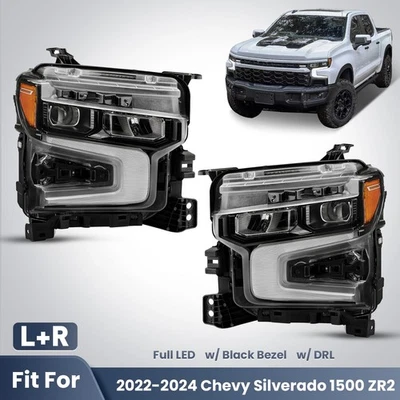 For 2022-2024 Chevy Silverado 1500 w/ Black Bezel LED Headlight Left+Right Pair Foto 1 de 4