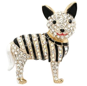 New Gorgeous Puppy Dog Black Colourful Stripes Rhinestones Brooch Gift Au - Picture 1 of 3
