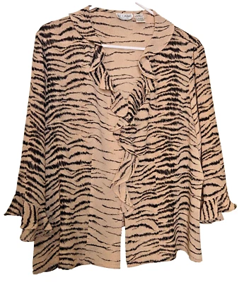Blusa para mujer Le Caviar con estampado de tigre mangas abotonadas 3/4 volantes cuello en V talla XL Foto 1 de 4