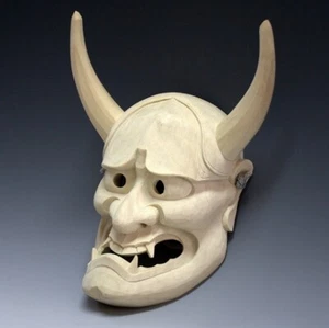 Hannya weiße hölzerne Vollgesichtsmaske Kampferbaum japanischer Noh Samurai Dämon Japan - Bild 1 von 2