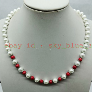 8mm White Shell Pearl 6mm Red Coral Round Bead Necklace 18"