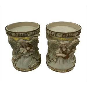 Young's Inc. (set of 2) 3" Pillar Candle Holders Angels Playing Harp & Lute - Picture 1 of 6