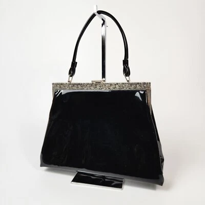 Cartera sin asas vintage años 50 J. Rudolph cuero negro asa superior cierre de metal plateado Foto 1 de 4