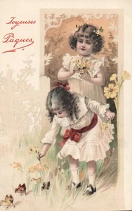 Happy Easter Little Girls Picking Flowers with Chicks Vintage Easter Postcard - Picture 1 of 2