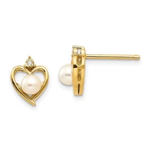 14K Solid Yellow Gold Freshwater Cultured Pearl Diamond Heart Stud Earrings - Picture 1 of 5