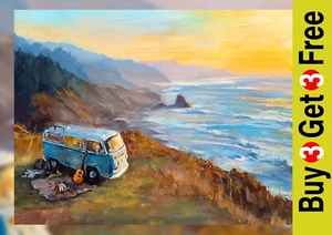 Coastal Sunset Vanlife 5"x7" Print on Matte Paper | Serene Ocean Cliff Painting - Picture 1 of 17