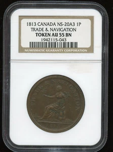 Ficha de un centavo de comercio y navegación de Nueva Escocia 1813 NGC AU55 - Cat#NS-20A3 SC3 - Imagen 1 de 2