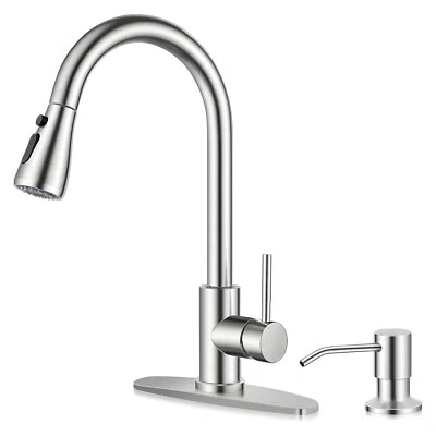 WOWOW Stainless Steel Kitchen Sink Faucet Pull Down Sprayer Mixer with Soap Dispenser
