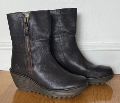 VGC Fly London Dark Brown Wedge Heel Boots Size EU US 8-8.5- EU 39 Side Zipper - Image 1 of 4