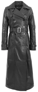 Authentic Women's Full Length Long Black Leather Coat Ankle Length Trench Coat - Picture 1 of 9