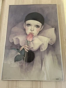 Mira Fujita French Pierrot Art Of Tearful Woman Holding Rose. Vintage 1983 Print - Picture 1 of 4