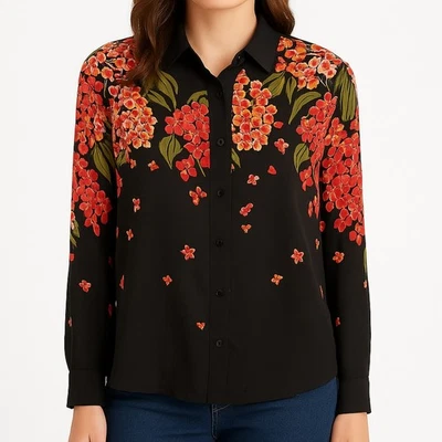 Bob Mackie носимый искусства шелк блузка черный красный цветочный бисером блестки верхний большой - Изображение 1 из 4