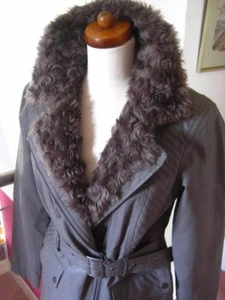 M&S FAUX LEATHER JACKET 10 shearling fur collar aviator flying belt soft - Picture 1 of 14