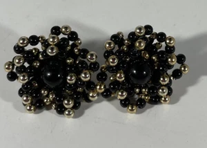 Black Gold Tone Lucite Bead Cluster Chunky Pierced Earrings Vintage - Picture 1 of 2