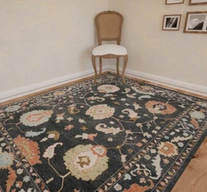 Black Oushak Rug, Charcoal Turkish Rug With Colorful Accents, Hand-knotted Rug - Picture 1 of 10