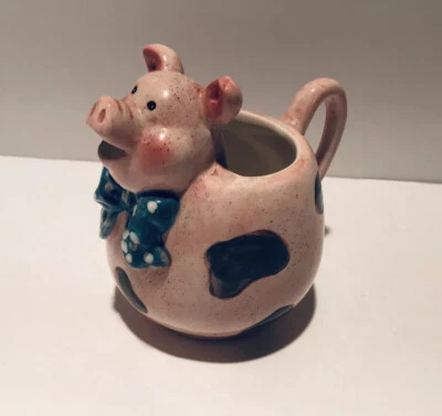 Jarra crema cerdo rosa cerámica moteada esmaltada leche verde azulado arco 3/4 taza usada en excelente estado Foto 1 de 4
