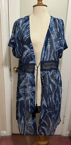 Dennis Basso Printed Chiffon Duster with Lace Detail Womens M Blue - Picture 1 of 11