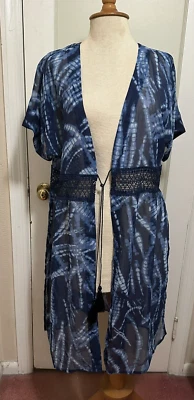 Dennis Basso Printed Chiffon Duster with Lace Detail Womens M Blue - Image 1 of 4