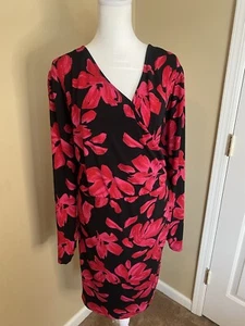 NWT Nine West Black And Red Floral Long Sleeve Faux Wrap Dress Sz 4X - Picture 1 of 9