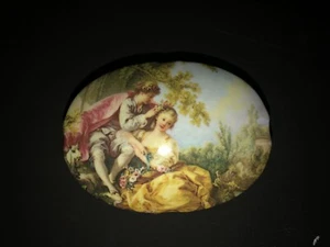 Vintage Porcelain Trinket Oval Box Andrea by Sadek Blue Victorian Couple Hinged - Picture 1 of 5