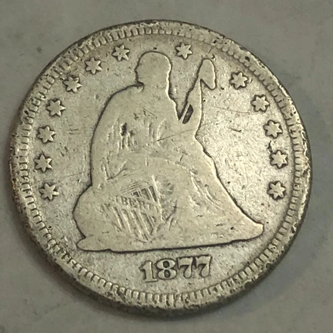 1877 Seated Liberty silver US quarter dollar. VG, cleaned, pale, hairlines. #nu1 Cover