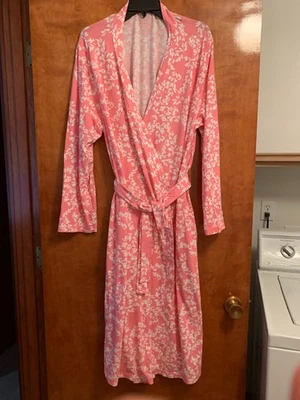 GARNET HILL длинный подпоясанный халат: зеленый хлопок розовый + белый - XL очень большой - Изображение 1 из 4