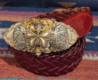 Vintage Braided Red Leather Belt Medium Butterfly Hearts Buckle Boho Whimsy - Image 1 of 4