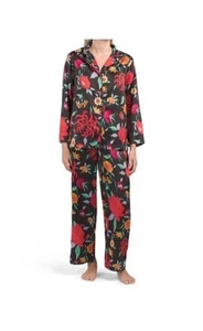Natori Silky Satin Essentials Notch DARK Floral Long Sleeve Pajama Set Size XL - Picture 1 of 13