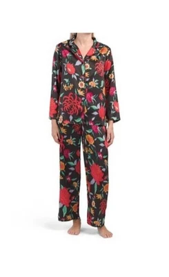 Conjunto de pijama Natori Silky Satin Essentials entalhe floral escuro manga longa tamanho XL - Imagem 1 de 4