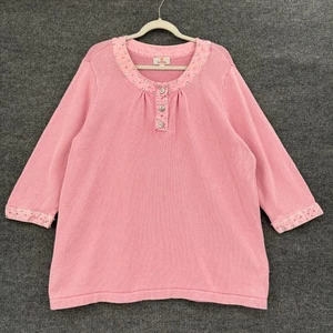 Vintage Quacker Factory Sweater Womens 1X Pink Embellished Jeweled Henley Tunic - Picture 1 of 10
