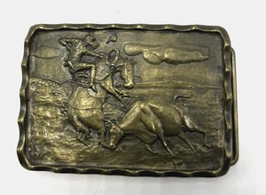 Vintage Cowboy Belt Buckle Brass Adezy Denver 1975 Made USA Rodeo Roping - Picture 1 of 4