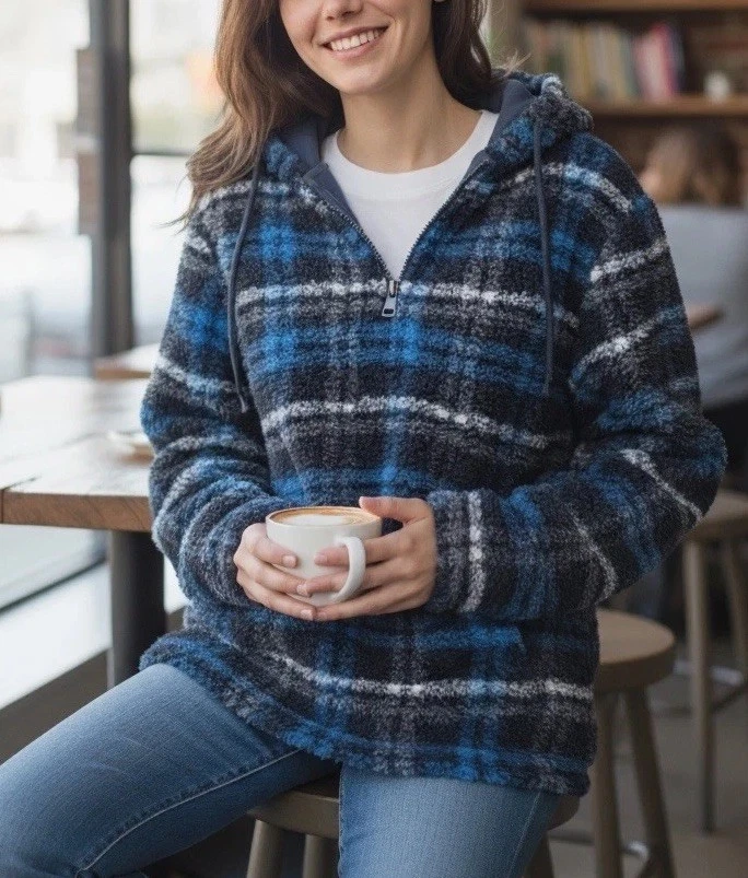 Women's Oversized Hoodie Sweatshirt - V-Neck Plaid Pullover, Long Sleeve Loose Fit, Casual Comfort Top For Everyday Wear - View #10
