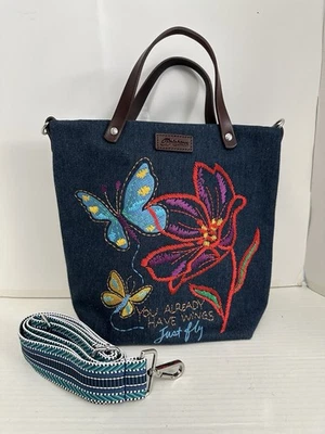 Brighton Petal Wings Tote Floral Embroidered Denim Crossbody Messenger Bag - Image 1 of 4