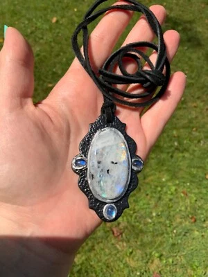 Enorme collar colgante de piedra lunar arco iris hecho a mano Foto 1 de 4