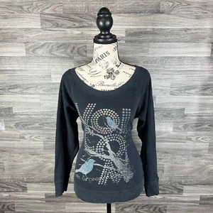 VOLCOM Women's Black Long Sleeve Loose Neck Graphic Sweater Size Medium Regular  - Picture 1 of 12