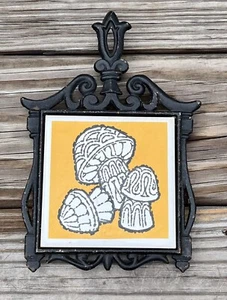 Vintage Cast Iron & Ceramic Tile Trivet Mushroom Decor Wall Mount Japan Nevco - Picture 1 of 4
