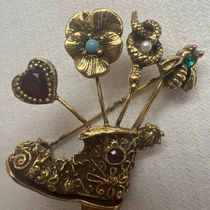 Vtg Unsigned Goldette Brooch  Shoe Boot With Hat Pins  Victorian style Goldtone - Picture 1 of 6