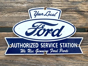 VINTAGE Your Local FORD  SALES AND SERVICE DEALER GAS STATION PORCELAIN OIL SIGN - Picture 1 of 11