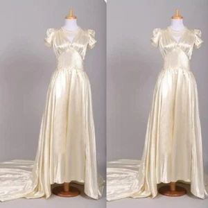 Vintage Champagne Wedding Dresses Silk Satin V Neck Short Sleeves Bridal Gowns - Picture 1 of 9
