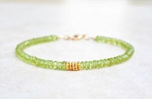 Natural Peridot Birthstone Faceted Gemstone Beaded Bracelet 14k Gold Over Clasp