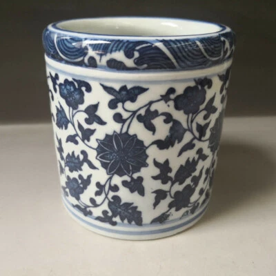 Porta-caneta chinês antigo porcelana azul e branco pincel pote - Imagem 1 de 4