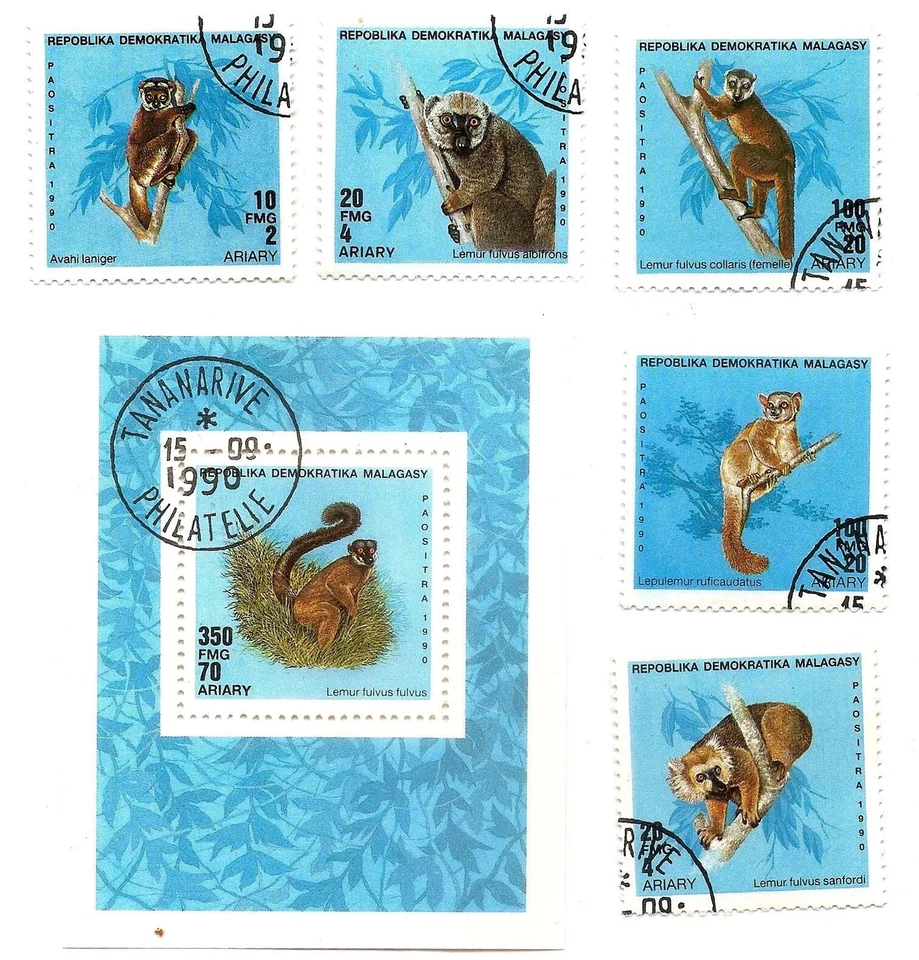 Malagasy/Madagaskar, #987-992  1990 Lemurs set, 5v plus SS, CTO - Image 1 of 1