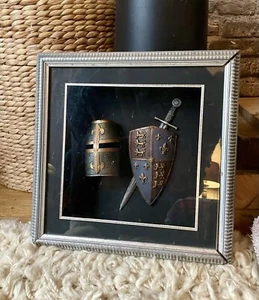 MEDIEVAL SHIELD, SWORD, HELM IN BOX FRAME - Picture 1 of 6