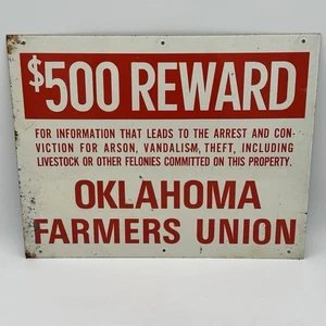 14 x 11 in REWARD OKLAHOMA FARMERS UNION ADV. SIGN TIN METAL TACKER - Picture 1 of 13