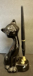 Siamese Black Cat Pen Holder Vintage MCM Ceramic Decor Statue Figurine - Picture 1 of 6